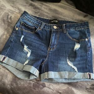 Dark Blue Distressed Rolled Hem Denim Shorts